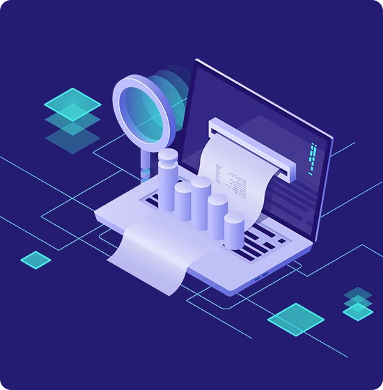 Isometric illustration of a document being scanned and reviewed
