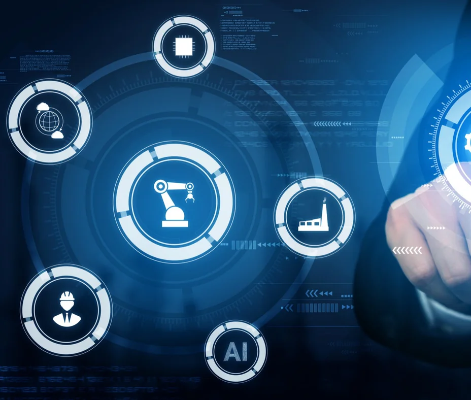 Glowing industrial, security and robotic arm icons inside circular AI interface rings