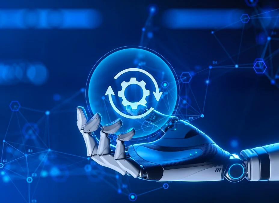 Futuristic gear and robotic hand representing AI process automation