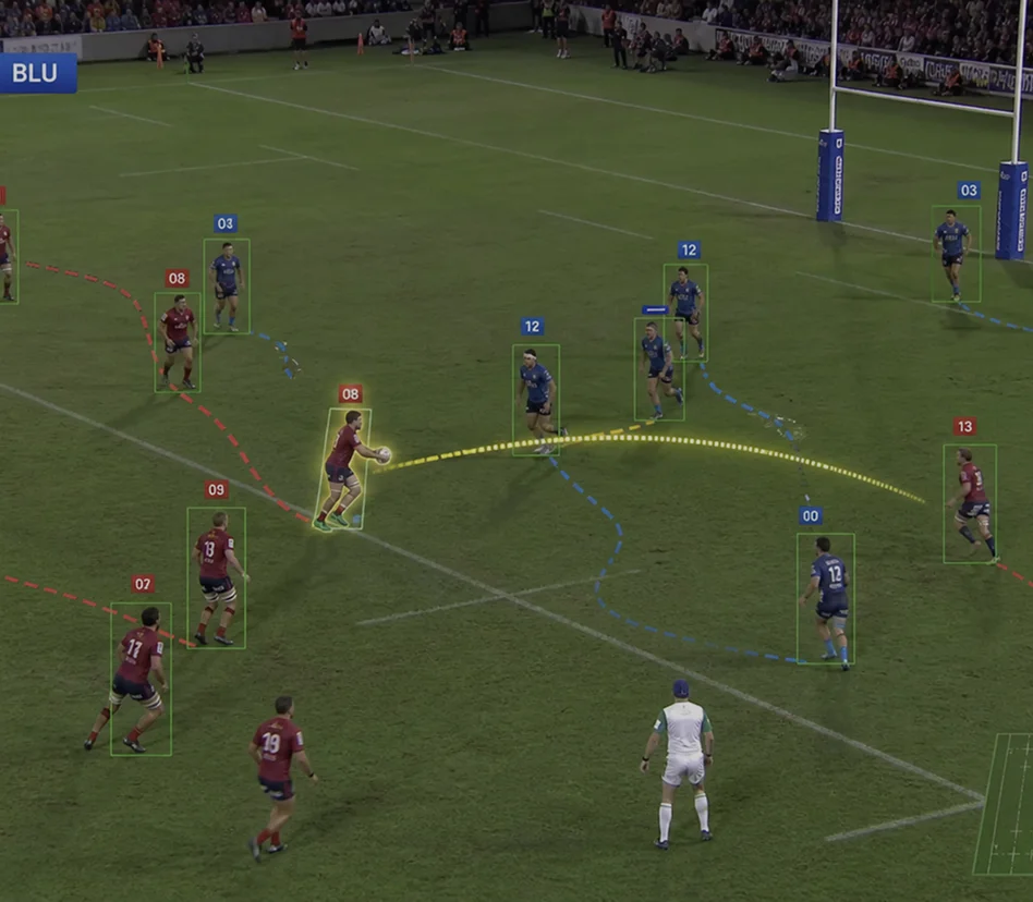Computer vision tracking rugby players on a field with bounding boxes, player labels, and movement paths