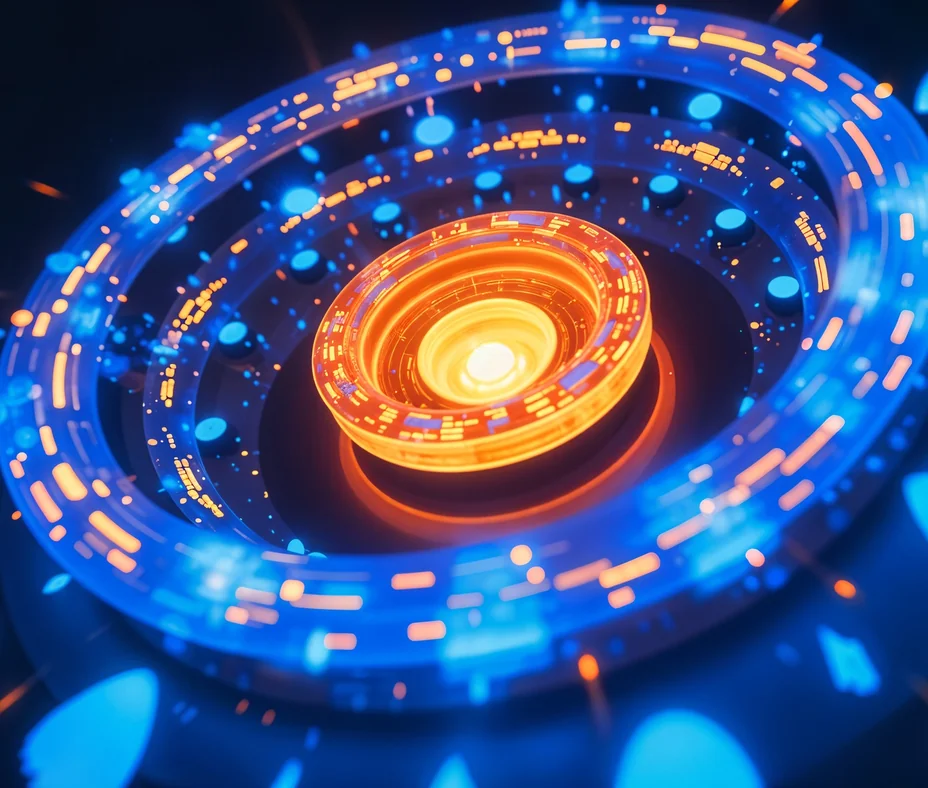 Glowing orange core surrounded by rotating blue rings of data on a dark background