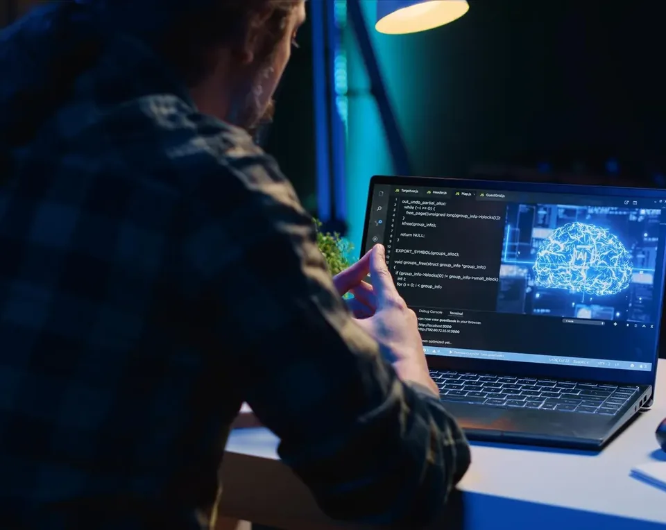 A developer at a laptop with code and a glowing brain graphic on screen
